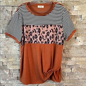 Women's Short Sleeve Striped and Leopard Print Top - Orange